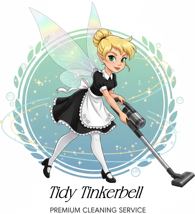 Illustrated maid fairy vacuuming, for Tidy TinkerBell cleaning service in McKinney, TX.
