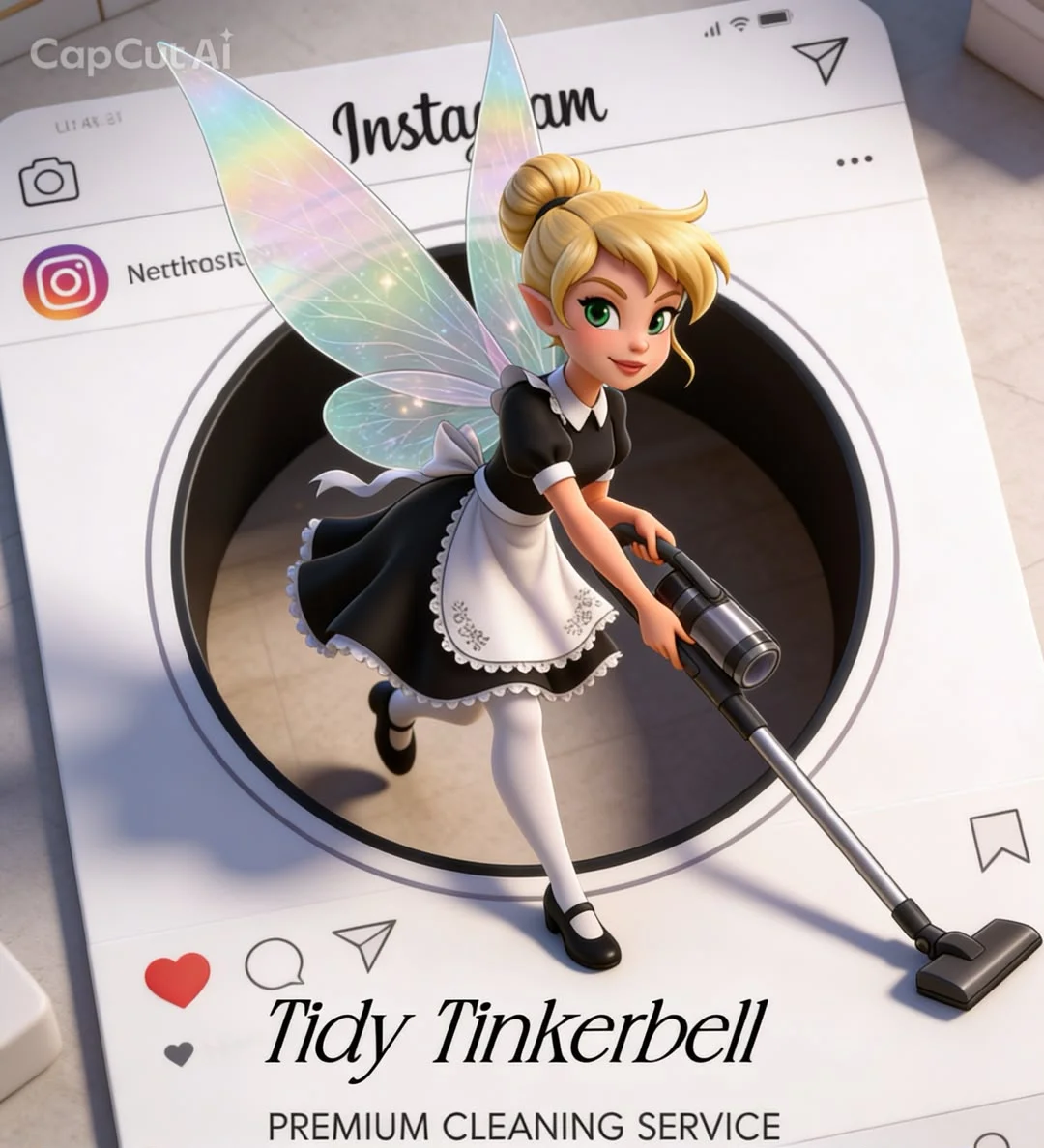 A Tidy TinkerBell cleaning-themed graphic shows a fairy vacuuming on an Instagram-style post mockup.