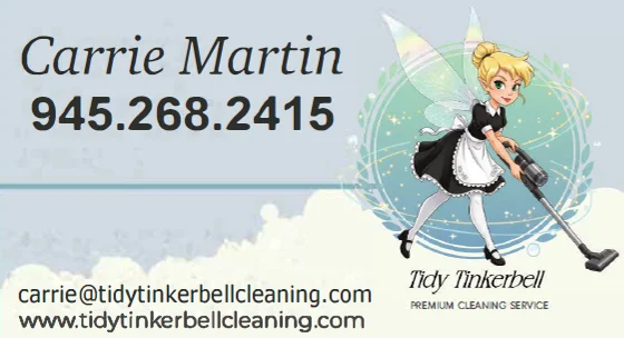 Tidy TinkerBell business card with Carrie Martin, phone number, email, website, and logo illustration.