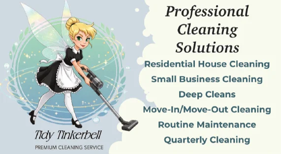 Tidy TinkerBell logo with a maid illustration and a list of professional cleaning services.